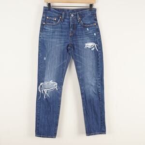 Levis 501 Medium Wash Blue Ripped Jeans Tapered Button Fly Womens Sz 25